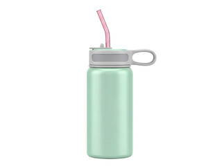 Isolated, reusable aqua-green water bottle with drinking straw for travel and sports use
