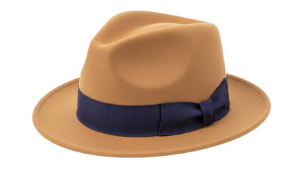 Isolated tan fedora hat with navy ribbon for men or women fashion in a studio setting
