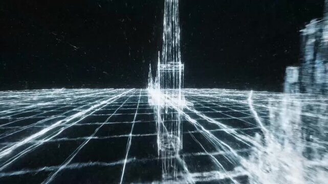 Gridded shimmering cityscape in digital abyss