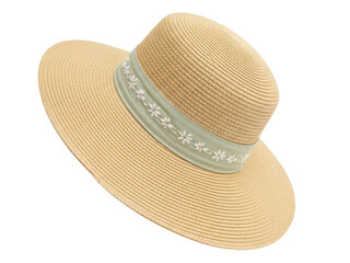 Isolated straw sun hat with flower detail for beach vacation and summer fashion style