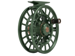 Isolated close-up of dark-green fly-fishing reel for outdoor sports isolated on a clean backdrop
