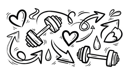 Hand Drawn Fitness Icons and Arrows Doodle Collection workout health