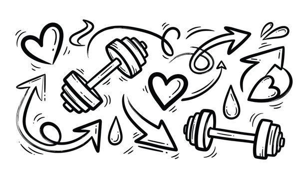 Hand Drawn Fitness Icons and Arrows Doodle Collection workout health