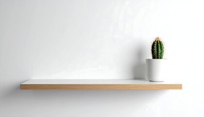 Minimalist Shelf with Potted Cactus Against White Wall.