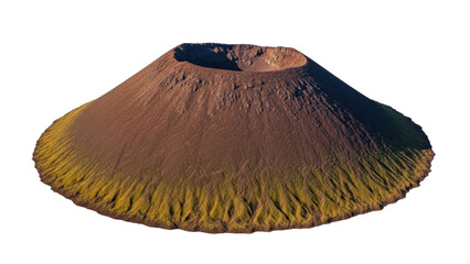 Isolated geological formation volcanic cone with caldera, aerial view, brown and green