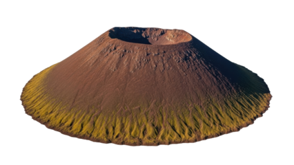 Isolated geological formation volcanic cone with caldera, aerial view, brown and green