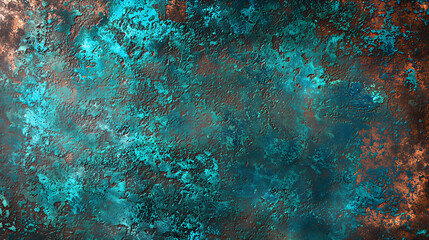 Close-up of weathered metal surface featuring vibrant turquoise verdigris and copper rust patterns, creating an abstract grunge background.