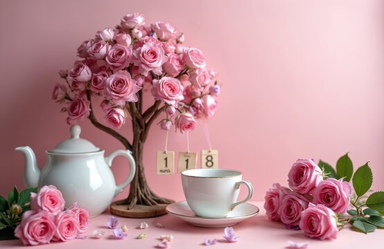 Elegant tea setting features pastel roses, calendar for Women Day March 8. Decorative arrangement, tea cup, teapot, pink background evoke warm feelings. Design beauty, celebration, romance, affection. - Powered by Adobe