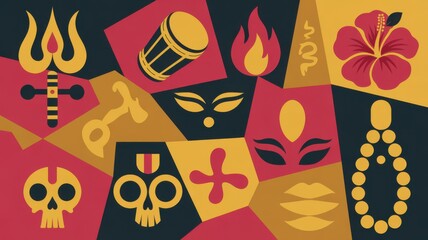 Abstract design with hindu symbolic elements and traditional icons