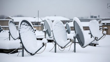 A row of satellite television dishes heavily coated in snow on a freezing winter morning