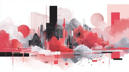 minimal style urban building with red white cloud around, creative Avant-garde vibrant colorful illustration 