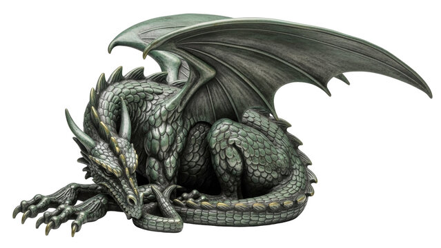 Isolated green dragon statue with detailed scales, curled tail, and spread wings fantasy decor