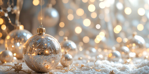  Christmas balls banner with text space, elegant composition with Christmas decoration and spruce tree on bokeh soft glowing lights, golden ribbons, snowflakes, bokeh background, luxury festive design