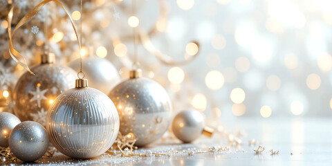  Christmas balls banner with text space, elegant composition with Christmas decoration and spruce tree on bokeh soft glowing lights, golden ribbons, snowflakes, bokeh background, luxury festive design