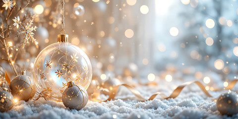  Christmas balls banner with text space, elegant composition with Christmas decoration and spruce tree on bokeh soft glowing lights, golden ribbons, snowflakes, bokeh background, luxury festive design