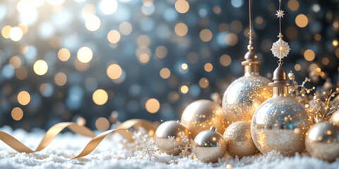 Christmas balls banner with text space, elegant composition with Christmas decoration and spruce tree on bokeh soft glowing lights, golden ribbons, snowflakes, bokeh background, luxury festive design