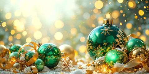  Christmas balls banner with text space, elegant composition with Christmas decoration and spruce tree on bokeh soft glowing lights, golden ribbons, snowflakes, bokeh background, luxury festive design