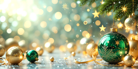  Christmas balls banner with text space, elegant composition with Christmas decoration and spruce tree on bokeh soft glowing lights, golden ribbons, snowflakes, bokeh background, luxury festive design