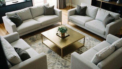 Fototapeta premium Contemporary Living Room with Gray Sofas and Gold Coffee Table