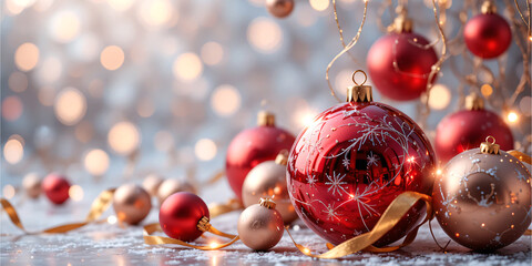  Christmas balls banner with text space, elegant composition with Christmas decoration and spruce tree on bokeh soft glowing lights, golden ribbons, snowflakes, bokeh background, luxury festive design