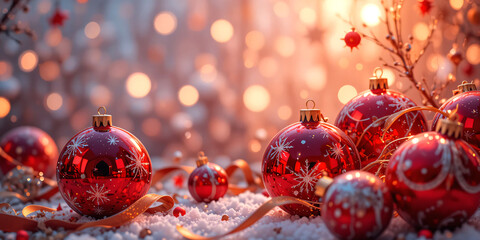  Christmas balls banner with text space, elegant composition with Christmas decoration and spruce tree on bokeh soft glowing lights, golden ribbons, snowflakes, bokeh background, luxury festive design