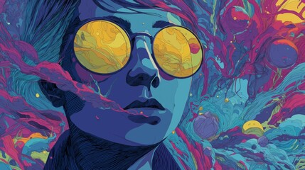 close up face oaf a man with creative Avant-garde vibrant colorful illustration art