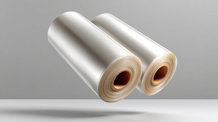 Two rolls of glossy white packaging film are suspended in mid-air against a soft gray background, showcasing their smooth texture and professional quality for commercial use