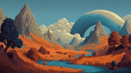 other worldly landscape mountain, river and cloud, creative Avant-garde vibrant colorful illustration 