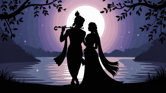 krishna and radha silhouette at moonlit river bank background