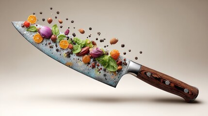 Vibrant kitchen knife with fresh vegetables and herbs floating around, showcasing culinary creativity and the art of cooking, perfect for food enthusiasts and chefs in action