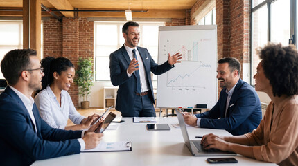 Businessman laughing while presenting sales chart to team