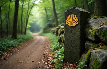 Camino de Santiago way sign on stone pole with shell symbol. Pilgrimage route marker points the direction through leafy green forest landscape and countryside road at daytime.