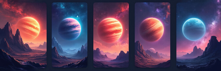 Artistic collection of space scene designs featuring vibrant planets in starry sky above mountain landscape. Creative illustrations suit digital backgrounds posters. Fantastic space adventure planet