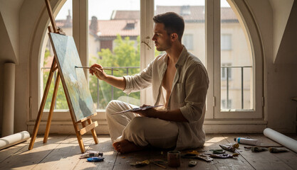 Male artist sitting on floor painting near window