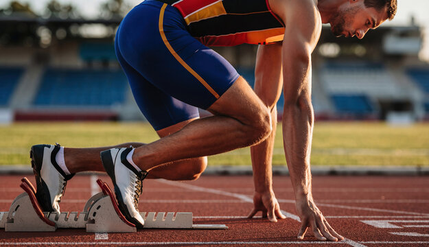 Male sprinter in starting position on running track