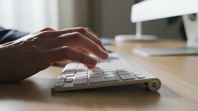 Close-up of human hands typing on a sleek white computer keyboard at a wooden desk, symbolizing modern office work, digital productivity, and remote business communication.