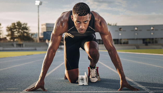 Focused African American runner at starting line