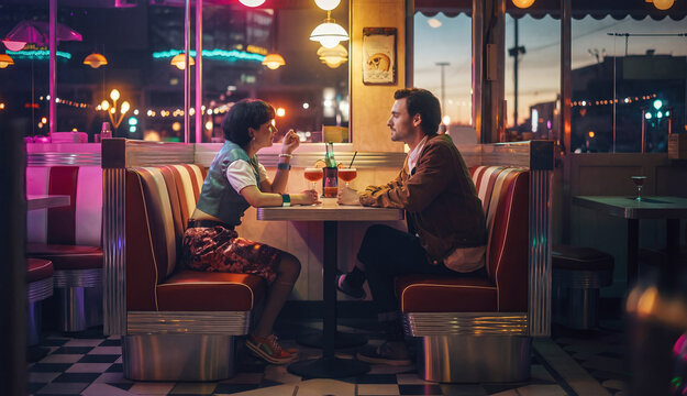 Romantic couple talking in retro American diner at night