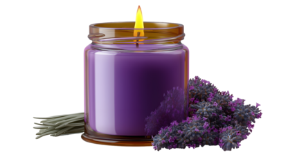 Burning lavender scented candle in a glass jar with fresh herbs for aromatherapy