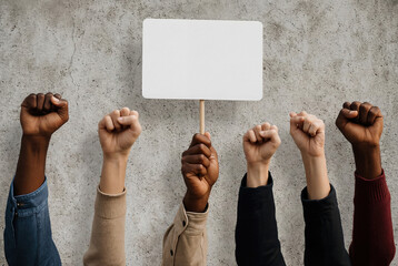 Diverse hands raising fist and holding blank placard