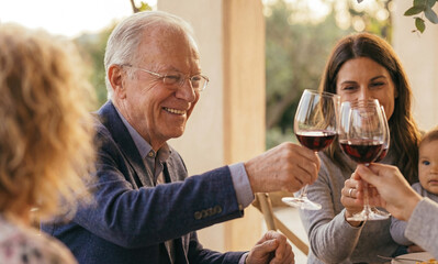 Senior man smiling and toasting wine glass outdoors