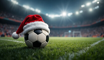 Naklejka premium Soccer ball wearing santa hat in stadium