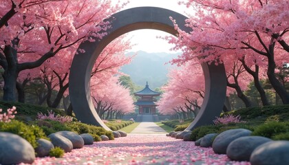 Pathway leads to oriental pagoda through blossom trees arch. Pink petals cover ground. Tranquil scene of springtime in garden. Traditional architecture blends beautifully with blooming nature in zen