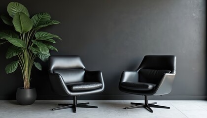 Two black leather chairs stand beside a large potted plant. The interior setting features dark walls creating a stylish contrast. The photo is minimalistic modern office design.