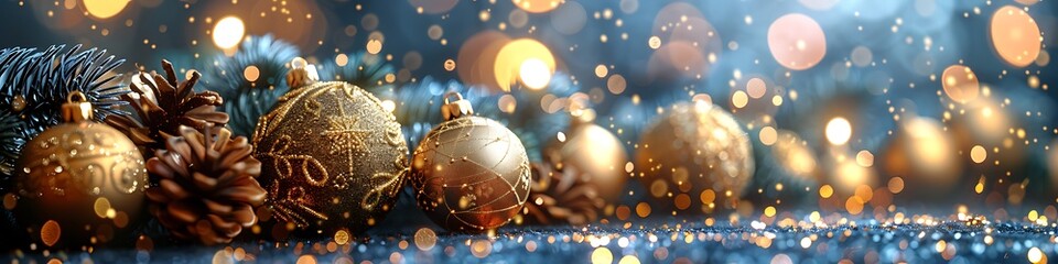 Panoramic Festive Golden Christmas Ornaments and Pine Cones with Bokeh Lights