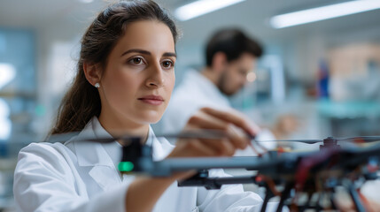 Faceless adult woman engineer in uniform assembling large drone male colleagues collaboration gender diversity concept professional expertise defense defocused engineering work