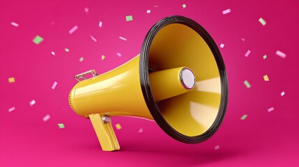 Bright yellow megaphone on a vibrant pink background, surrounded by colorful confetti, symbolizing celebration and communication in a lively atmosphere, perfect for promotional events and announcement