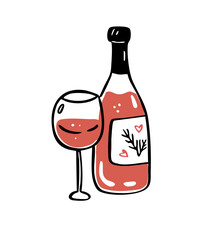 Whimsical Wine Bottle and Glass Doodle. Cute Romantic Beverage Drinkware Icon. Outline Hand-Drawn Vector Illustration