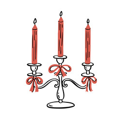 Vintage Festive Candelabra Doodle. Cute Christmas Candle Holder with Ribbons and Flames Illustration. Outline Hand-Drawn Vector Illustration