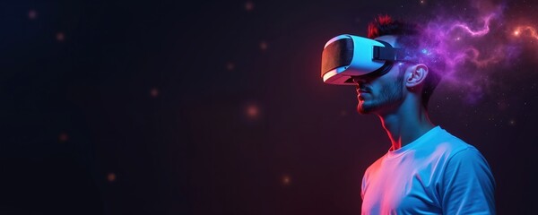 Man in VR headset exploring digital universe. Futuristic immersion with galaxy, stars, nebula effects. Immersive cyber experience for gaming or metaverse. Future tech adventure, virtual exploration.